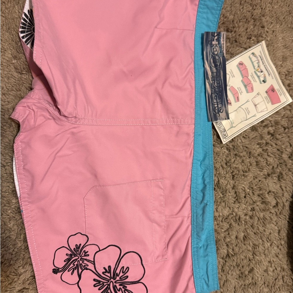 Pink Floral Swim Shorts with Blue Waistband